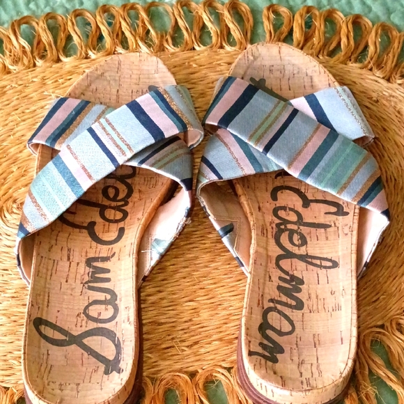 🎁Sam Edelman Blue and Tan Slide Sandals with Cork Footbed - Picture 1 of 5